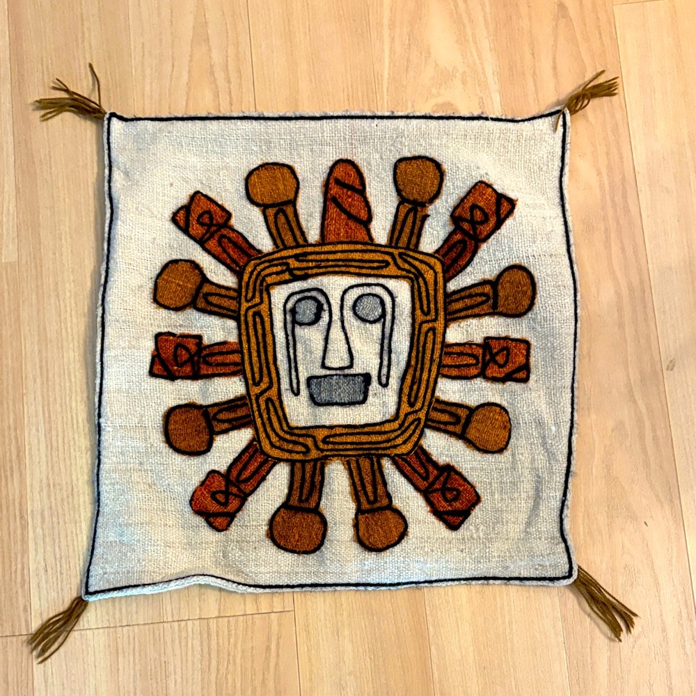 Vtg Handcrafted Sun Face Pillow Cover. From Bolivia. 14.5x14.5. - Picture 2 of 4